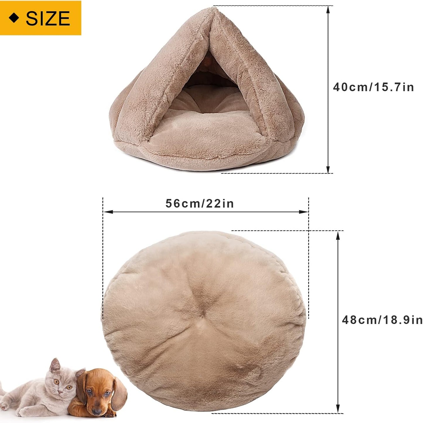 Soft Warm Cat Bed for Winter Cat Tent Self-Warming Sleeping Bed for Cats Fleece Pet Cave Bed for Winter Pets Puppy Indoor Pet Triangle Nest (Camel)