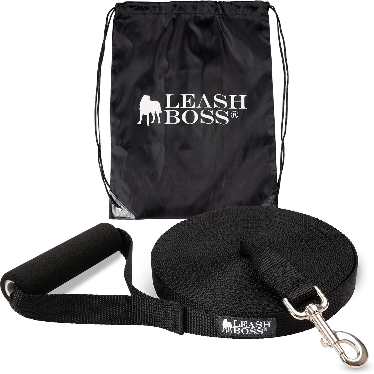 Free Range - Long Dog Leash for Large Dogs + Drawstring Backpack - 1 Inch Nylon Training Lead with Padded Handle (Black) (30 Ft)