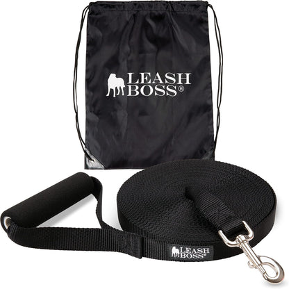 Free Range - Long Dog Leash for Large Dogs + Drawstring Backpack - 1 Inch Nylon Training Lead with Padded Handle (Black) (30 Ft)