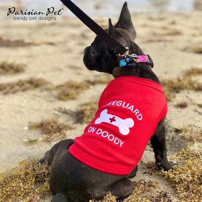 Dog Tshirt - Embroidered “ Lifeguard on Doody “ Boy Shirt - Pure Cotton and Lightweight Clothes - Red Dog Tee Shirts Machine Washable Shirts for Medium Dogs - M