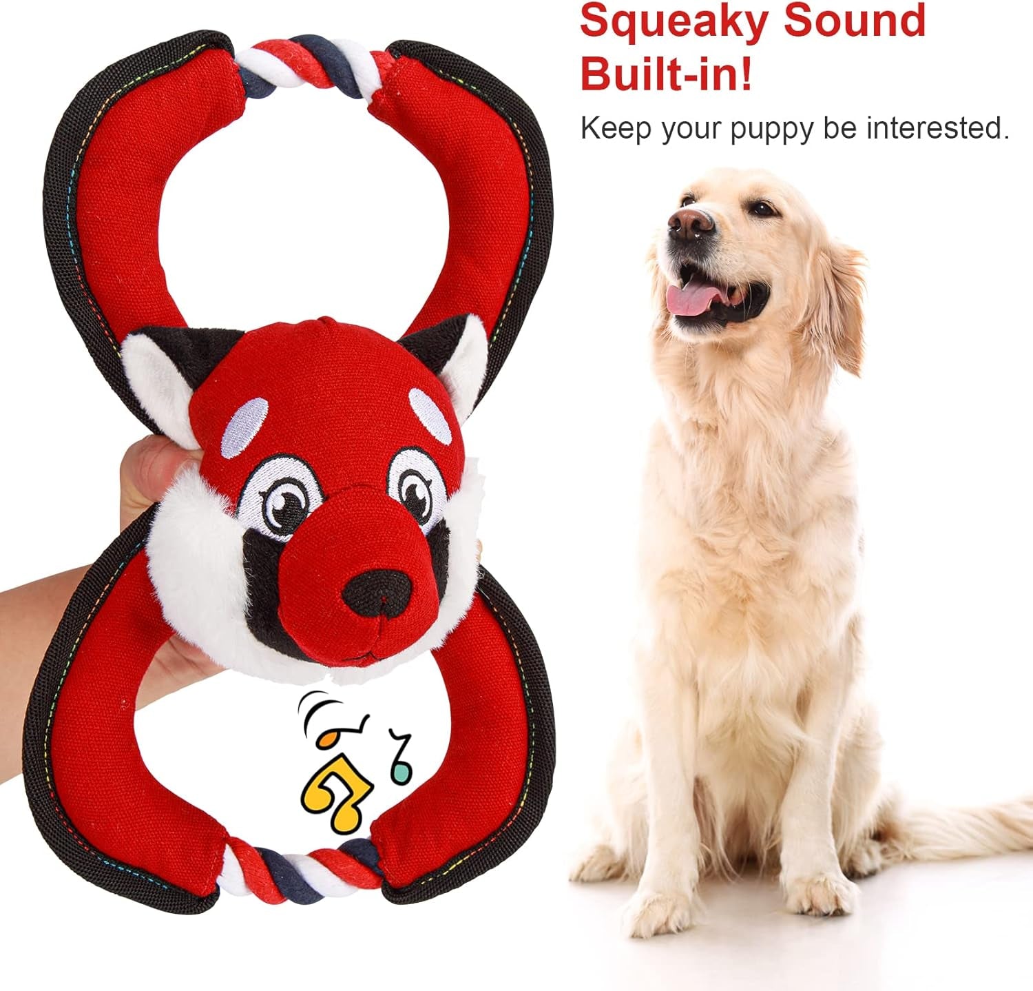 Interactive Dog Toys, Squeaky Dog Toys for Aggressive Chewers, Dog Plush Toys with Rope in Red Fox Shape, Tug of War Dog Toy for Small Dogs Medium Large Dogs