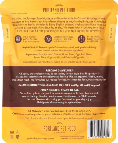 Hopkin'S Pork 'N' Potato All Natural Dog Food, Fully Cooked Microwavable Meal Pouches, Grain & Gluten-Free, USA Made, 4 Pack (4 X 9Oz)