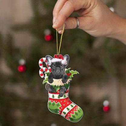 Black French Bulldog Christmas Acrylic Flat Ornament - Frenchie Puppy in Stocking with Santa Hat - Perfect Holiday Tree Decoration for Dog Lovers- 2024 Black Frenchie Dog Christmas Ornament
