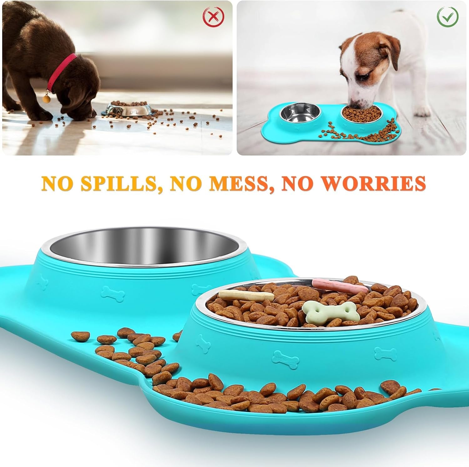 Dog Bowls, Dog Food Bowls, Stainless Steel Cat Puppy Water Bowls with Non Spill Skid Resistant Silicone Mat, Small, Turquoise