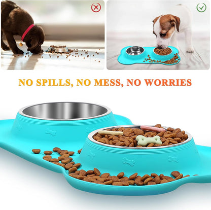 Dog Bowls, Dog Food Bowls, Stainless Steel Cat Puppy Water Bowls with Non Spill Skid Resistant Silicone Mat, Small, Turquoise