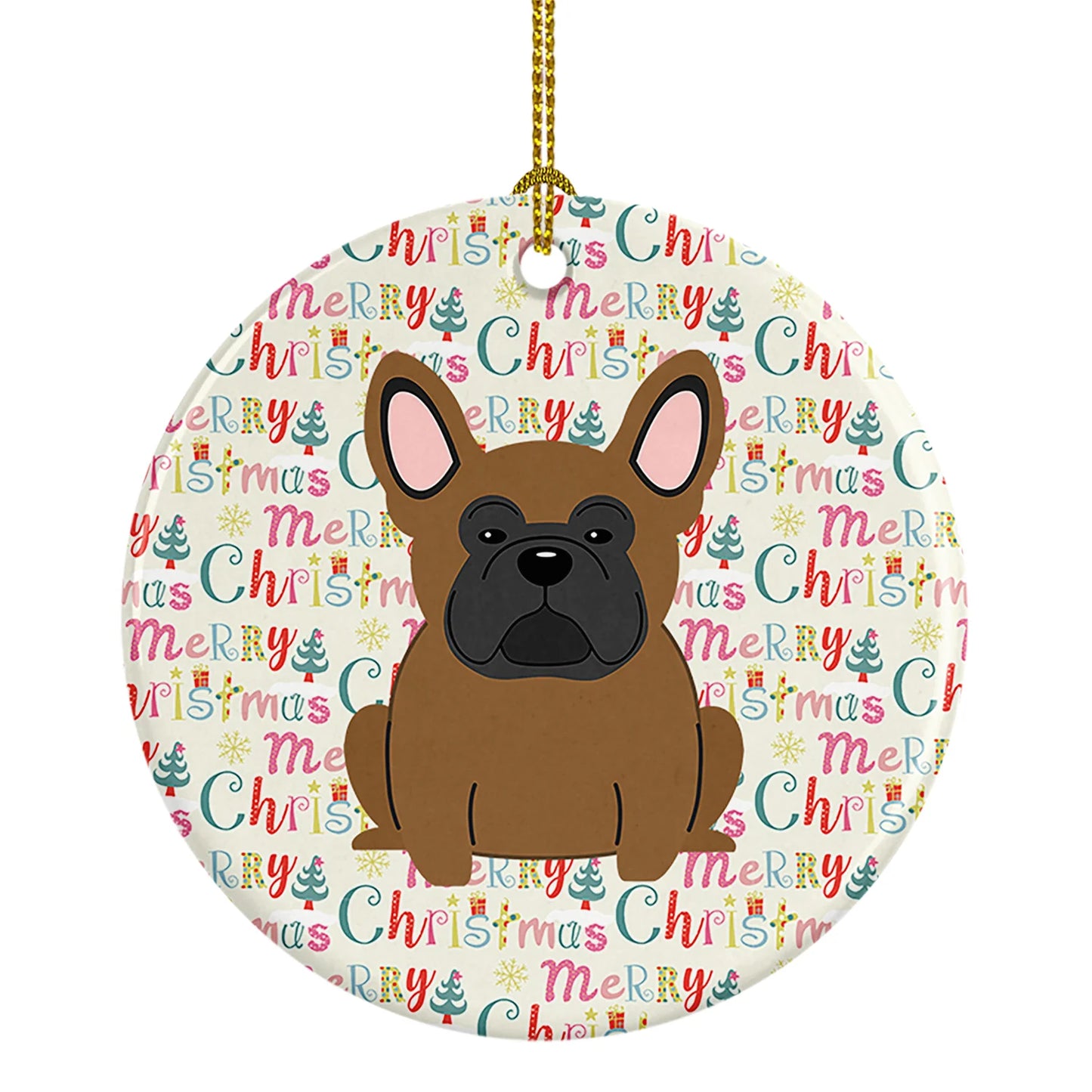 Merry Christmas French Bulldog Brown Ceramic Ornament