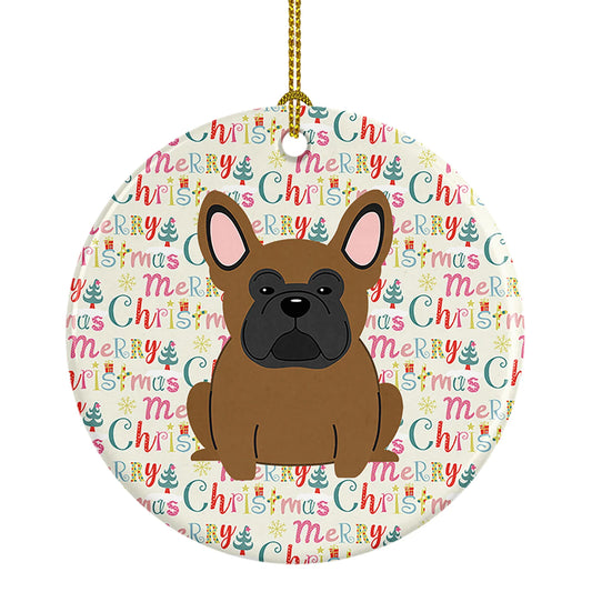 Merry Christmas French Bulldog Brown Ceramic Ornament