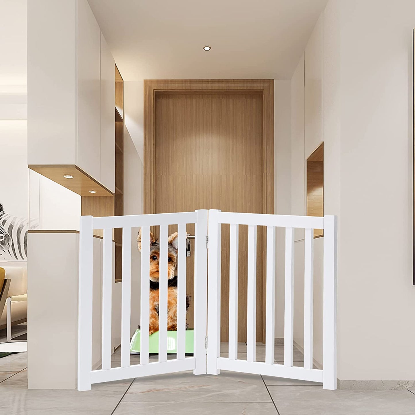 2-Panel Wooden Free Standing Foldable Dog Gate Indoor – Solid Hardwood 24" High, Step-Over Safety Pet Gate for Doorways, Stairs & Small Spaces - Indoor Use, White