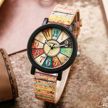 2Pcs/Set Women'S Watch Vintage Leather Band Analog Quartz Watch Rope Bracelet Set