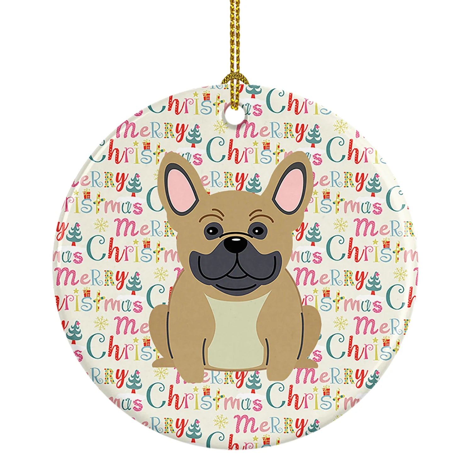 Merry Christmas French Bulldog Cream Ceramic Ornament