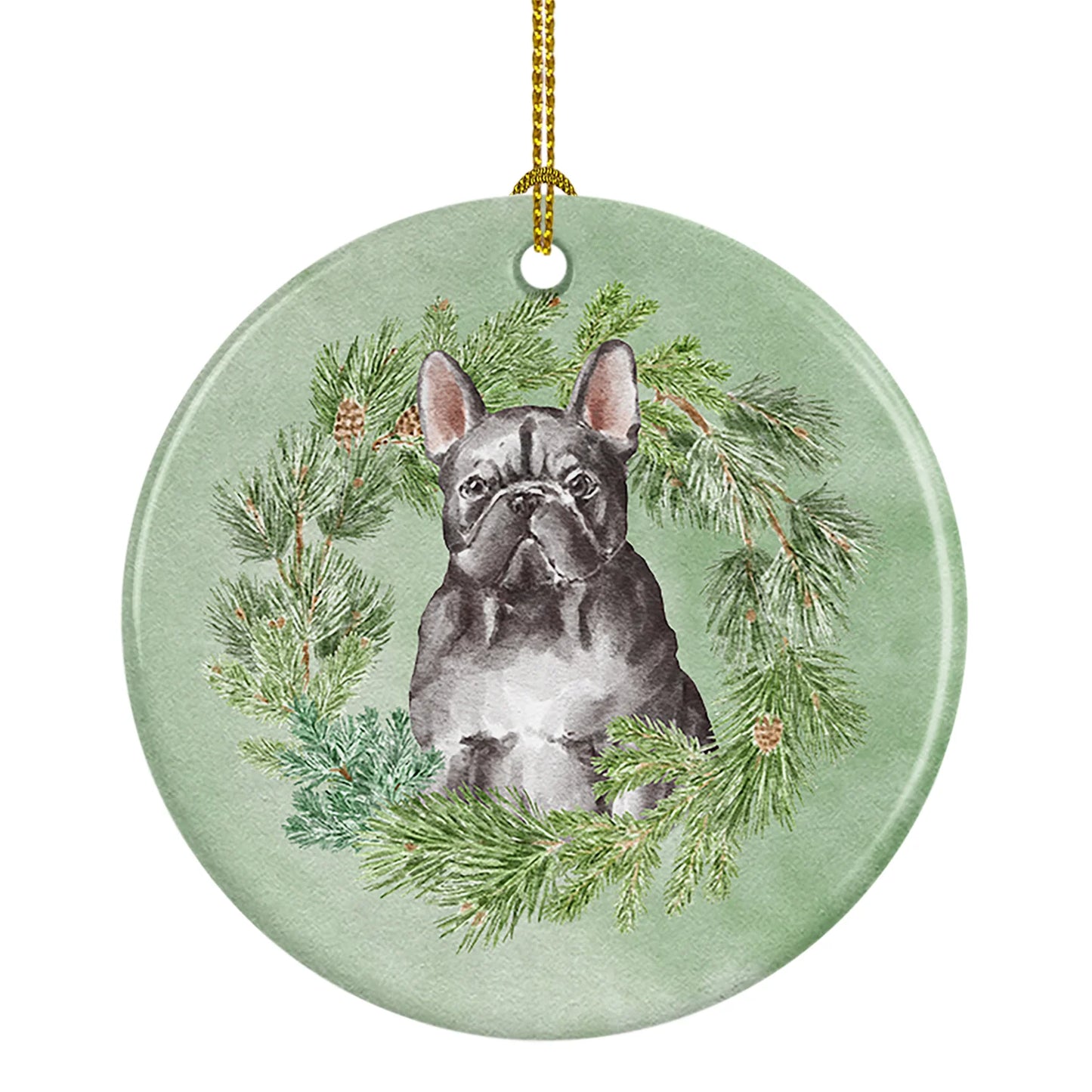 French Bulldog Black Christmas Wreath Ceramic Ornament