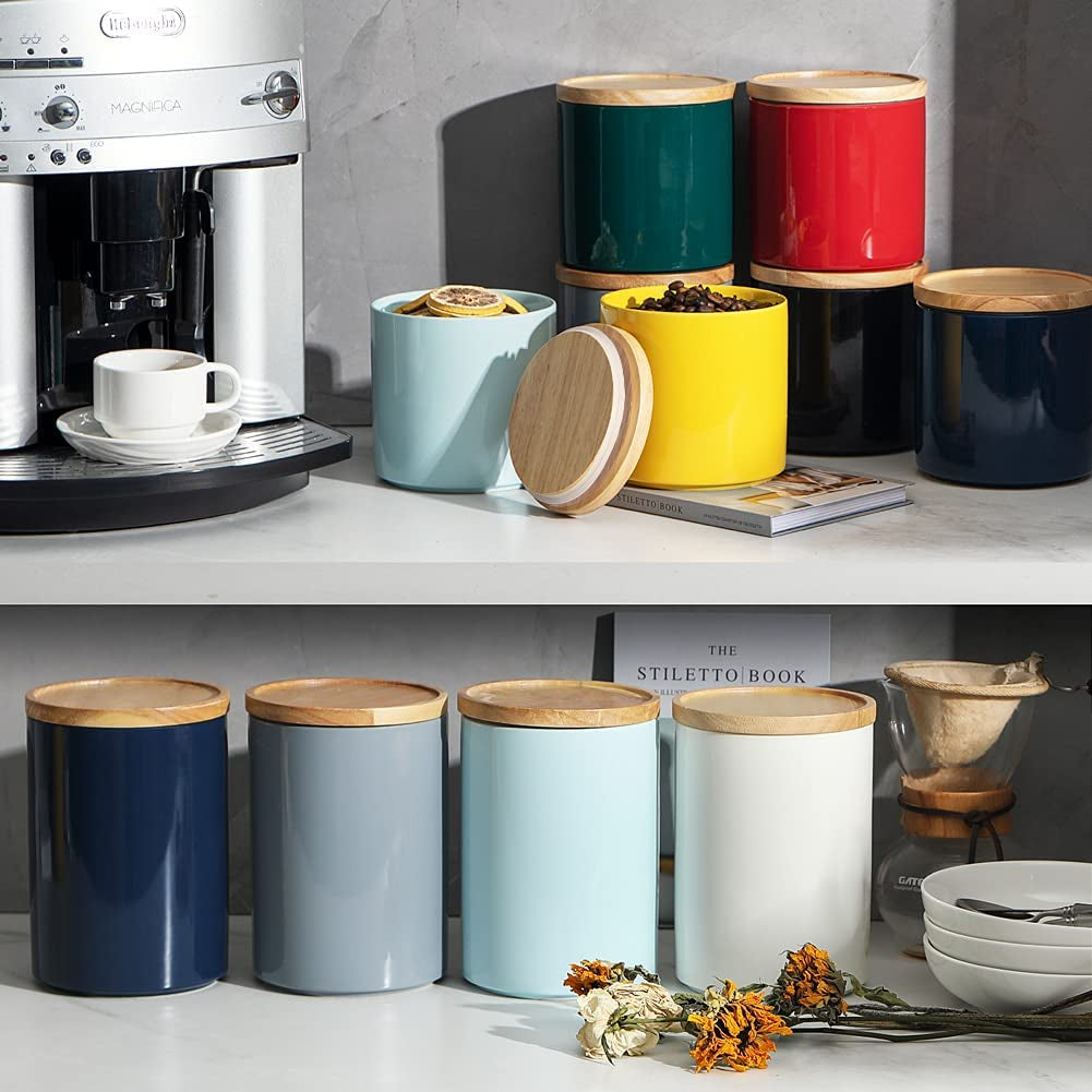 Kitchen Canisters Ceramic Food Storage Jar, Stackable Containers with Airtight Seal Wooden Lid for Serving Coffee Bean, Flour, Tea, Cookies and More - 58 Fl Oz(Navy)
