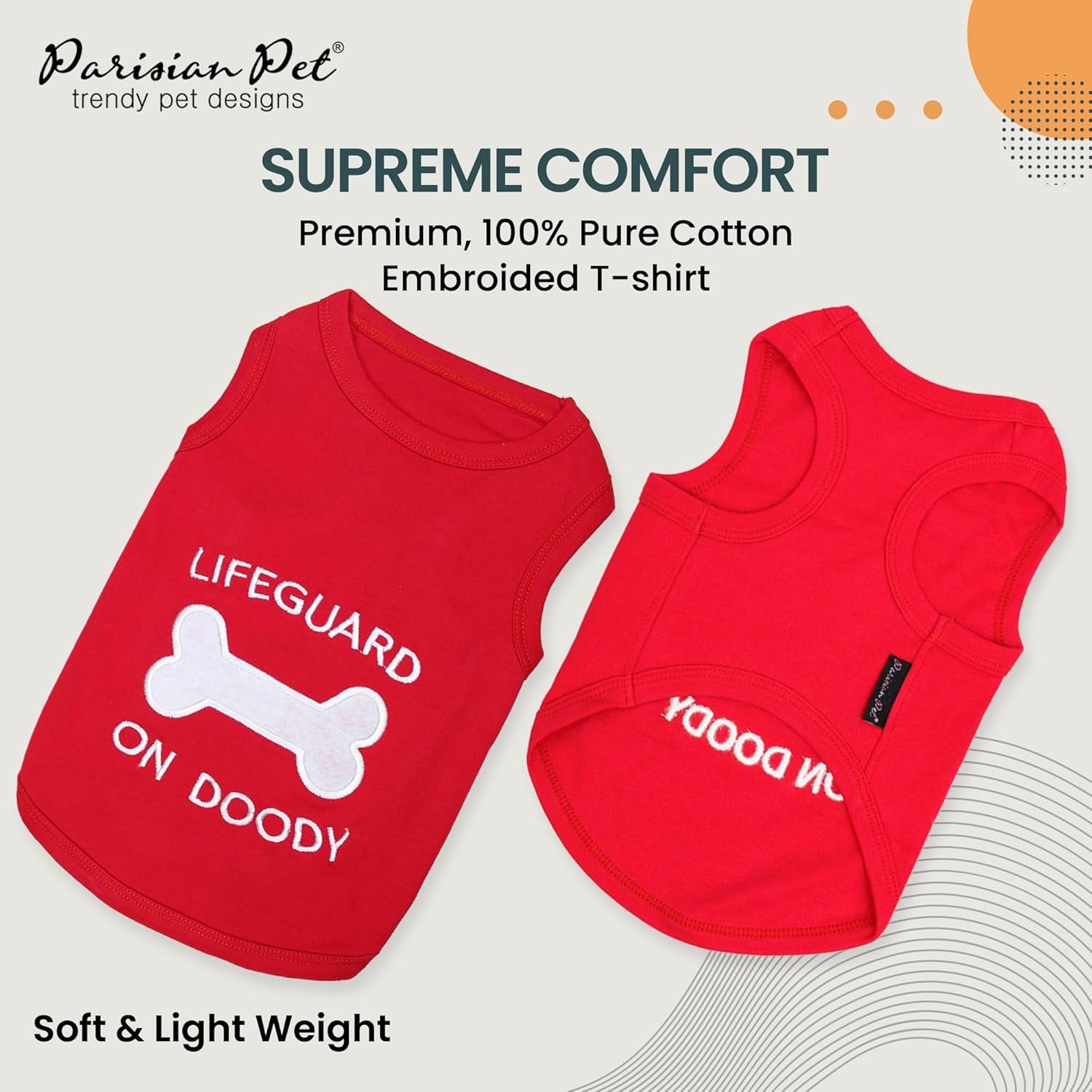 Dog Tshirt - Embroidered “ Lifeguard on Doody “ Boy Shirt - Pure Cotton and Lightweight Clothes - Red Dog Tee Shirts Machine Washable Shirts for Medium Dogs - M