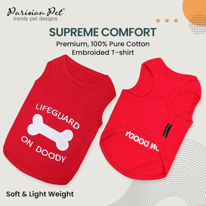 Dog Tshirt - Embroidered “ Lifeguard on Doody “ Boy Shirt - Pure Cotton and Lightweight Clothes - Red Dog Tee Shirts Machine Washable Shirts for Medium Dogs - M