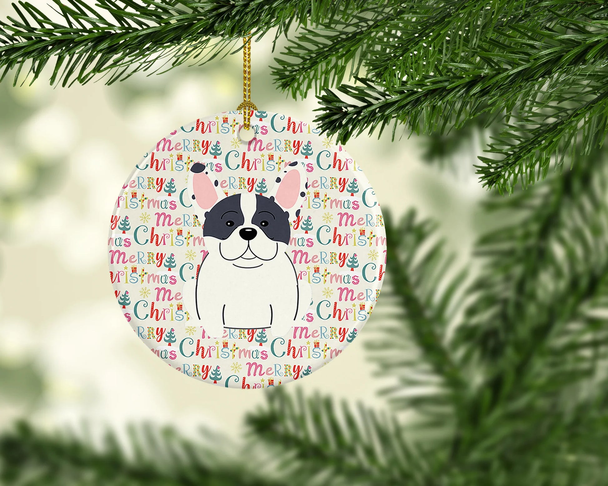 Merry Christmas French Bulldog Piebald Ceramic Ornament