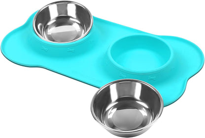 Dog Bowls, Dog Food Bowls, Stainless Steel Cat Puppy Water Bowls with Non Spill Skid Resistant Silicone Mat, Small, Turquoise