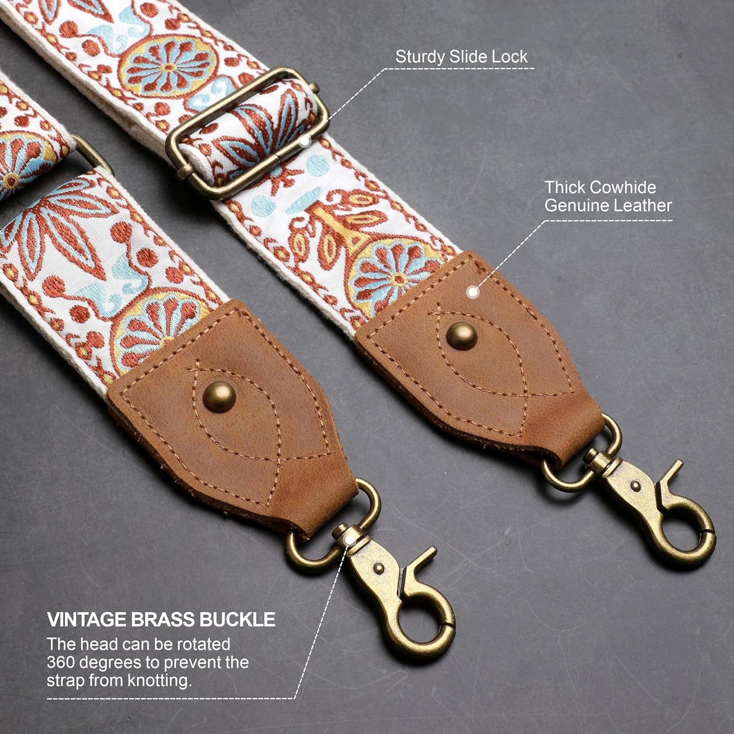 Purse Strap, 2" Crazy Horse Leather End Shoulder Strap Adjustable Replacement,Retro Jacquard Embroidery Multi-Pattern Crossbody Bag Straps for Handbag,Crossbody Bags(White Woven)
