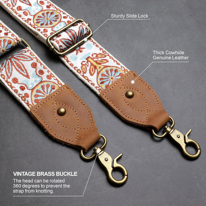 Purse Strap, 2" Crazy Horse Leather End Shoulder Strap Adjustable Replacement,Retro Jacquard Embroidery Multi-Pattern Crossbody Bag Straps for Handbag,Crossbody Bags(White Woven)