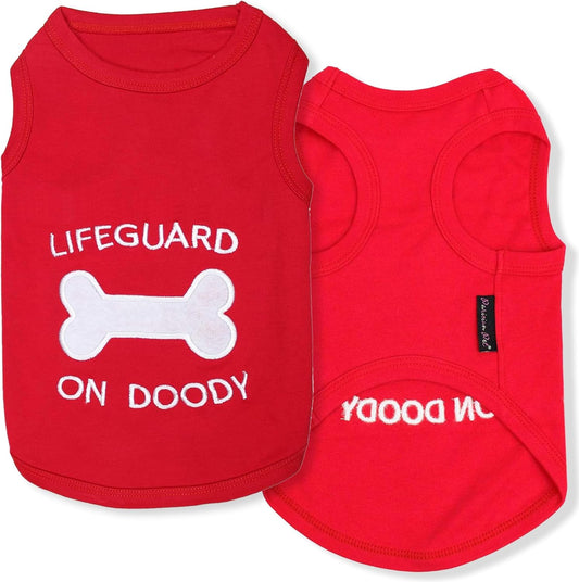 Dog Tshirt - Embroidered “ Lifeguard on Doody “ Boy Shirt - Pure Cotton and Lightweight Clothes - Red Dog Tee Shirts Machine Washable Shirts for Medium Dogs - M
