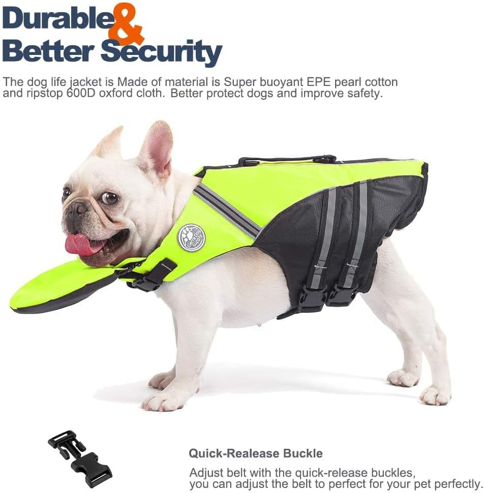French Bulldog Life Jacket, Life Vest with Chin Float Rescue Handle for Corgi Pug, Adjustable High Visibility Flotation Swim Vest for Swimming Boating (Green)