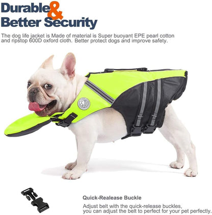 French Bulldog Life Jacket, Life Vest with Chin Float Rescue Handle for Corgi Pug, Adjustable High Visibility Flotation Swim Vest for Swimming Boating (Green)