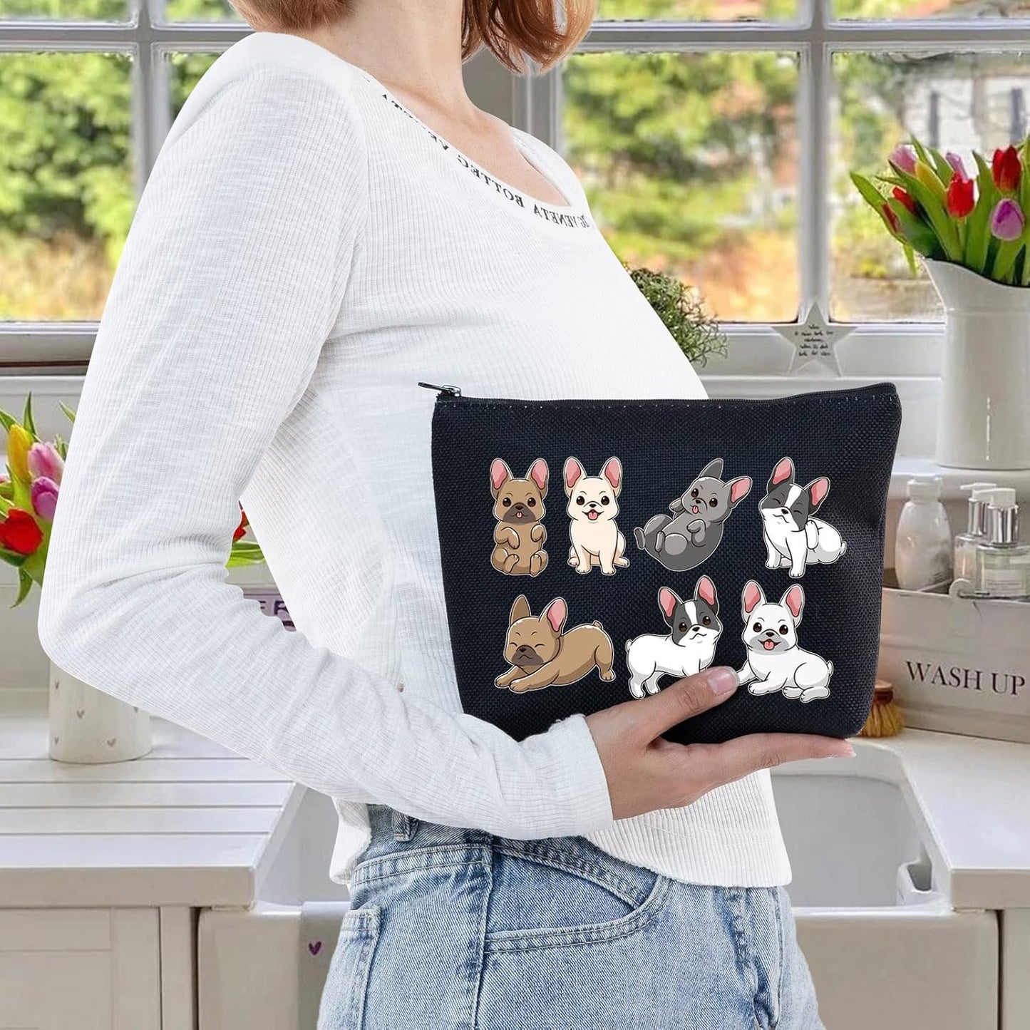 Funny French Bulldog Dog Cosmetic Makeup Bag Bulldog Dog Lover Gift Bulldog Dog Make up Zipper Pouch Bag (Funny French Bulldog Black)