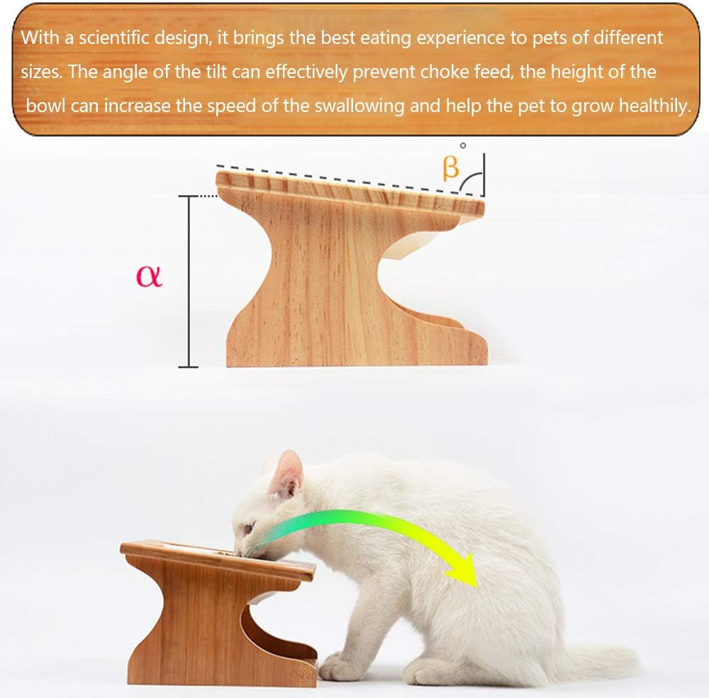 Cat Bowls Pet Dining Table with Raised Slope Wooden Stand Elevated Pet Bowls with Oblique Stand for Cats, Dogs, Kitten and Puppy (3 Bowls, Ceramics)