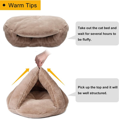 Soft Warm Cat Bed for Winter Cat Tent Self-Warming Sleeping Bed for Cats Fleece Pet Cave Bed for Winter Pets Puppy Indoor Pet Triangle Nest (Camel)