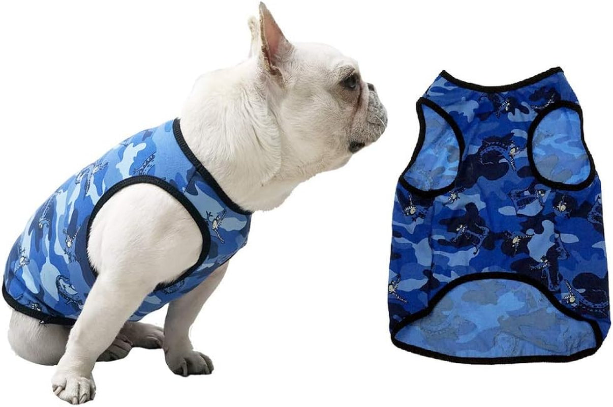 Pet Dog Summer Vest, Flamingo Pattern Cute Teddy French Bulldog Dog 100% Cotton Fashion T-Shirt Breathable Sleeveless Summer Dog Clothes for Small Medium Dogs Puppy, Blue