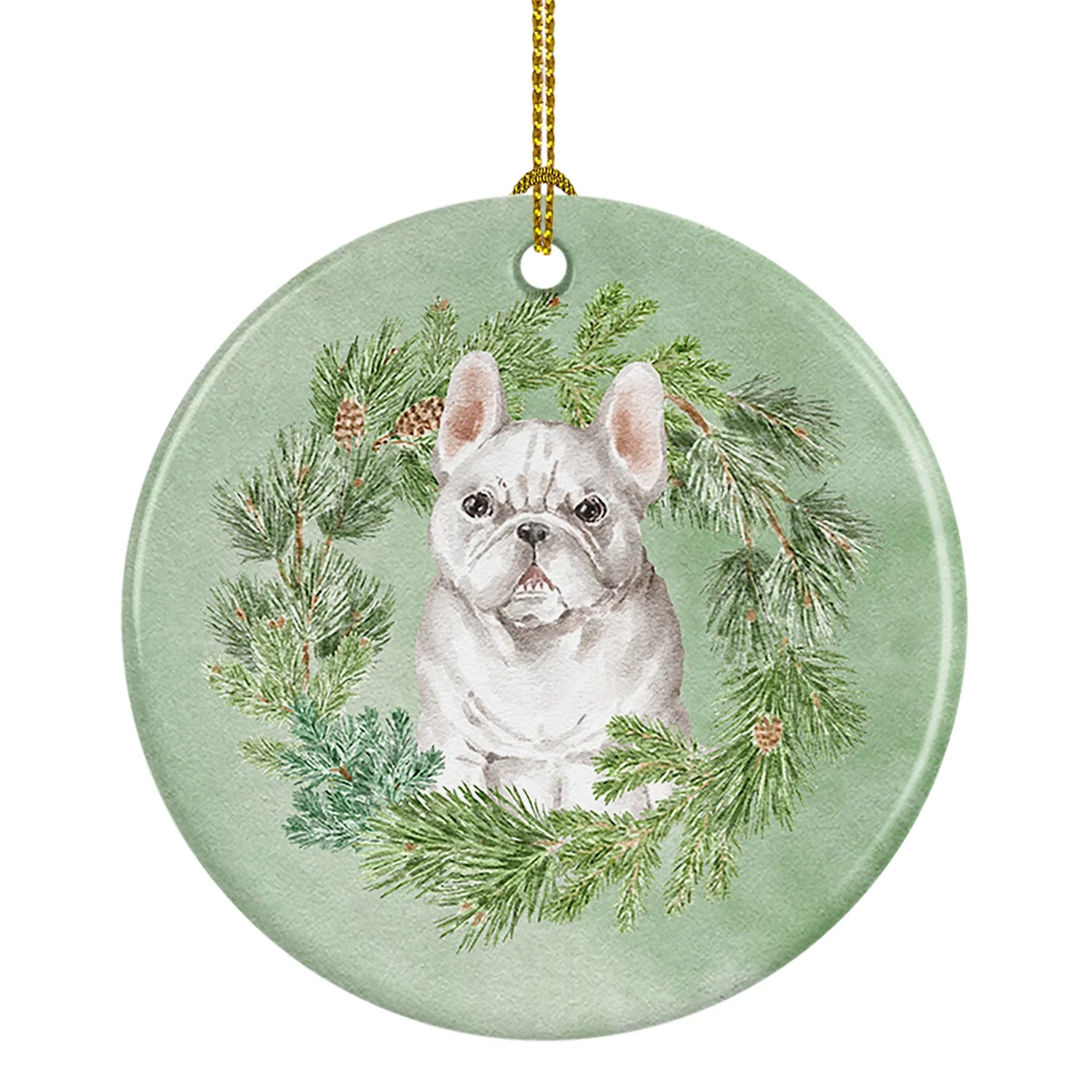 French Bulldog White Christmas Wreath Ceramic Ornament