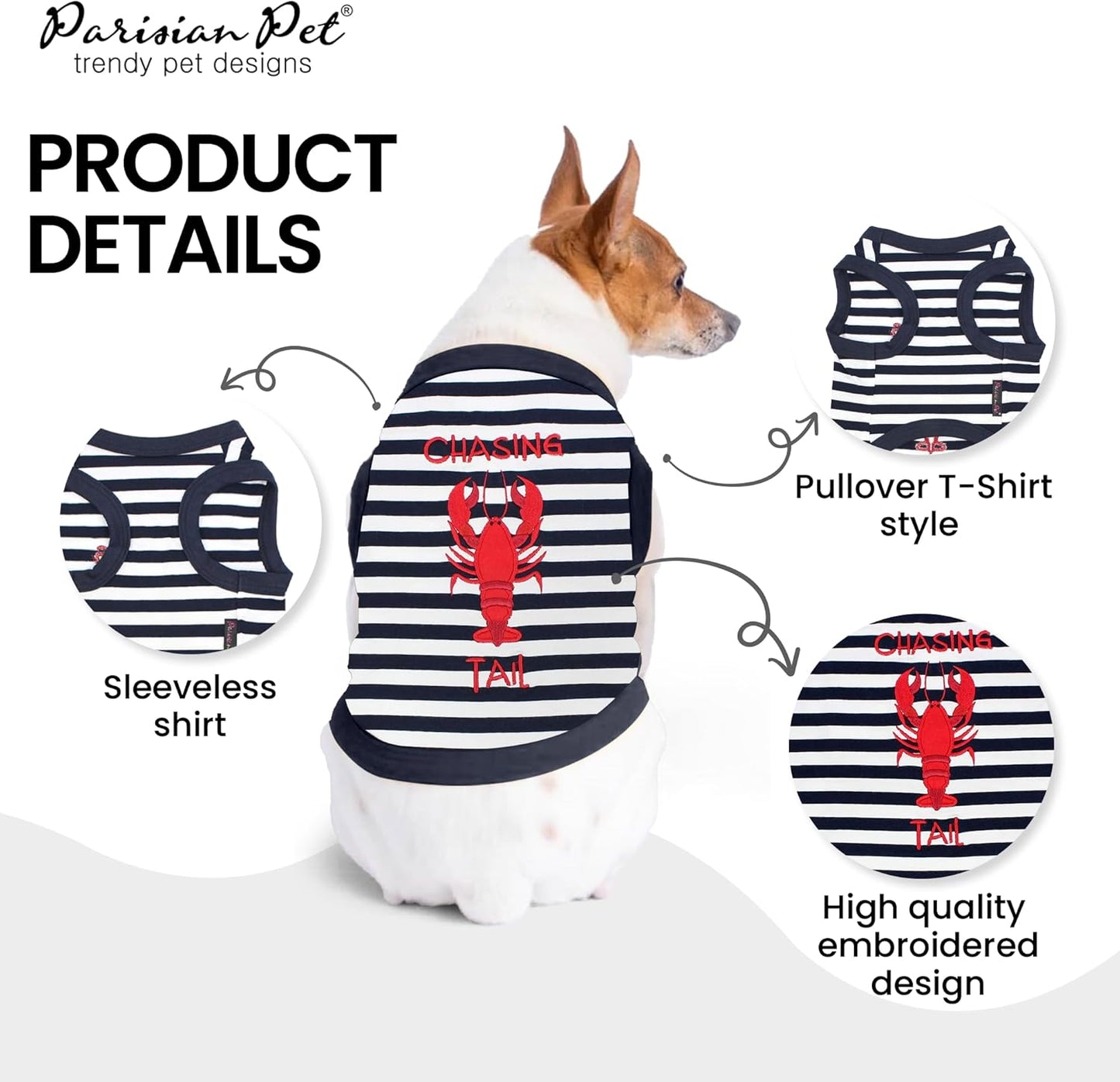 Unisex Dog Tshirt - Embroidered “ Chasing Lobster Tail “ Shirt - Breathable and Lightweight Pets Tank Top- Sleeveless Doggy Tee Shirts - Machine Washable Shirt for Large Dogs - 3XL