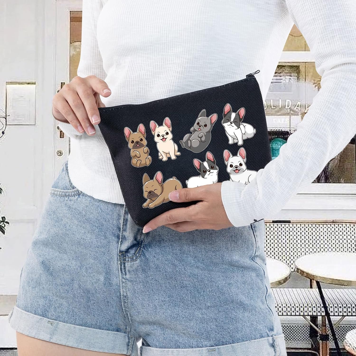 Funny French Bulldog Dog Cosmetic Makeup Bag Bulldog Dog Lover Gift Bulldog Dog Make up Zipper Pouch Bag (Funny French Bulldog Black)