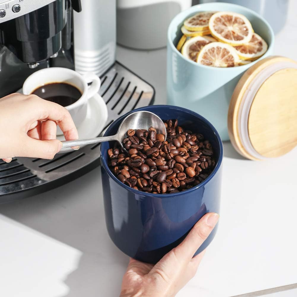 Kitchen Canisters Ceramic Food Storage Jar, Stackable Containers with Airtight Seal Wooden Lid for Serving Coffee Bean, Flour, Tea, Cookies and More - 58 Fl Oz(Navy)