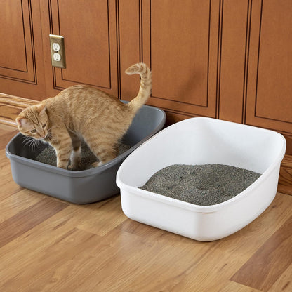 Large Cat Litter Box Set – 2 Open Litter Pans with High Back, Easy to Clean & Durable Plastic – XL Litter Box for Odor Control & Multi-Cat Households