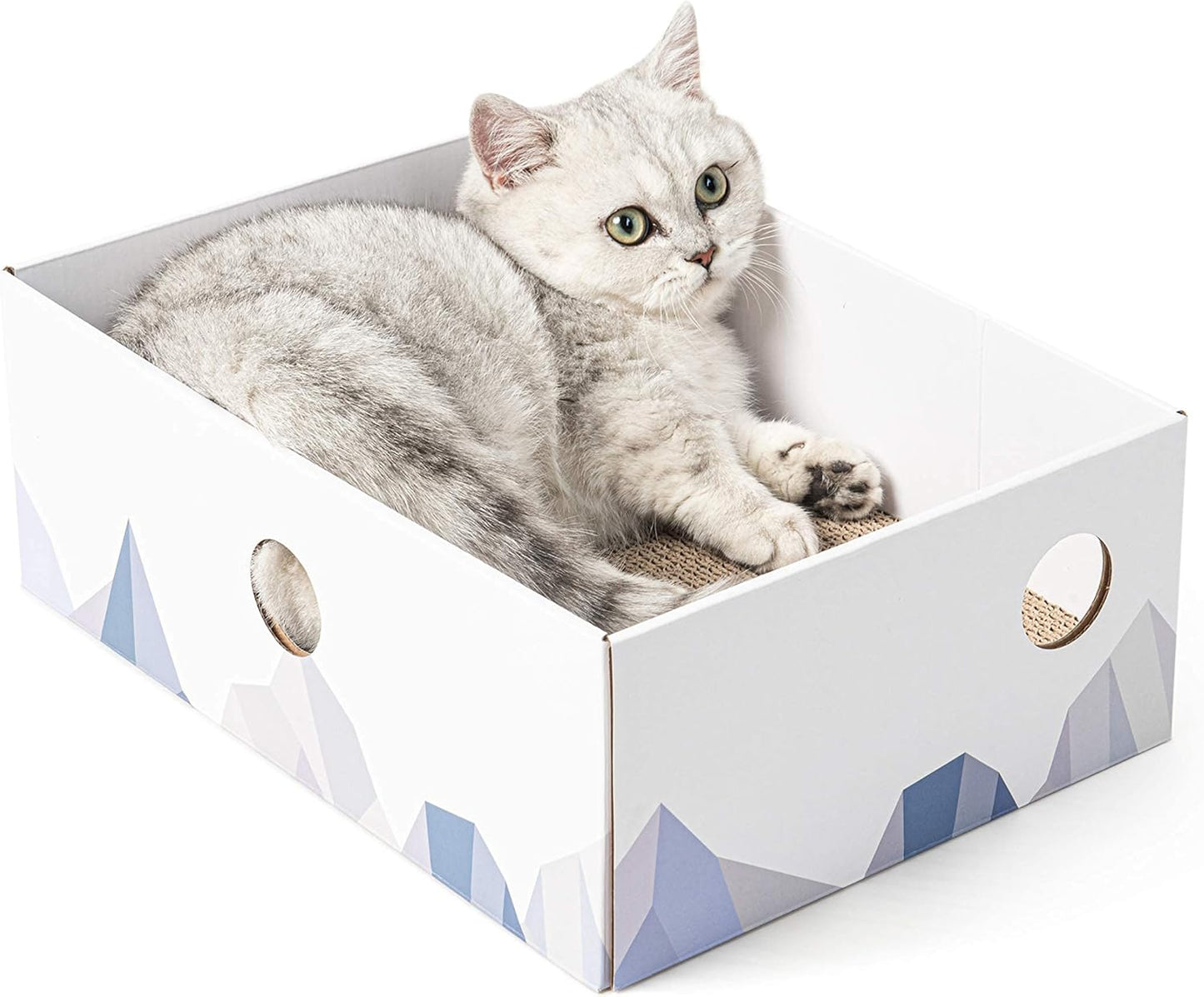 Cat Scratcher Box with Heavy-Duty Double-Sided Cardboard Pad, Cardboard Lounger, Interactive Hole Design, Cat Bed for Indoor Cats, White, Large