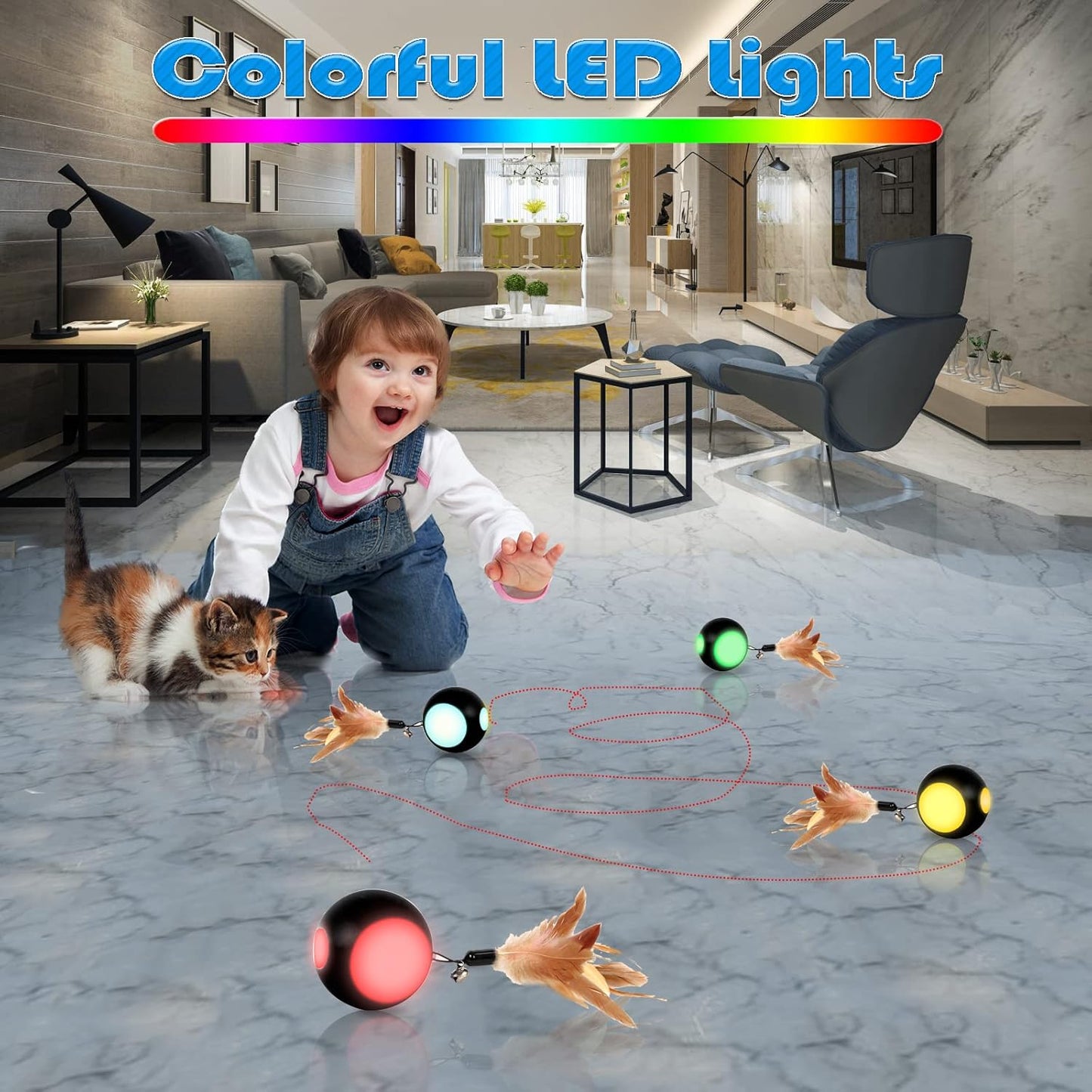 Automatic Interactive Cat Toy Ball Toy Moving Wicked Ball for Indoor Cats/Kitten, Rechargable Interactive Feather Wicked Ball with Bell & LED Lights for Your Pet Play/Exercise(Black)