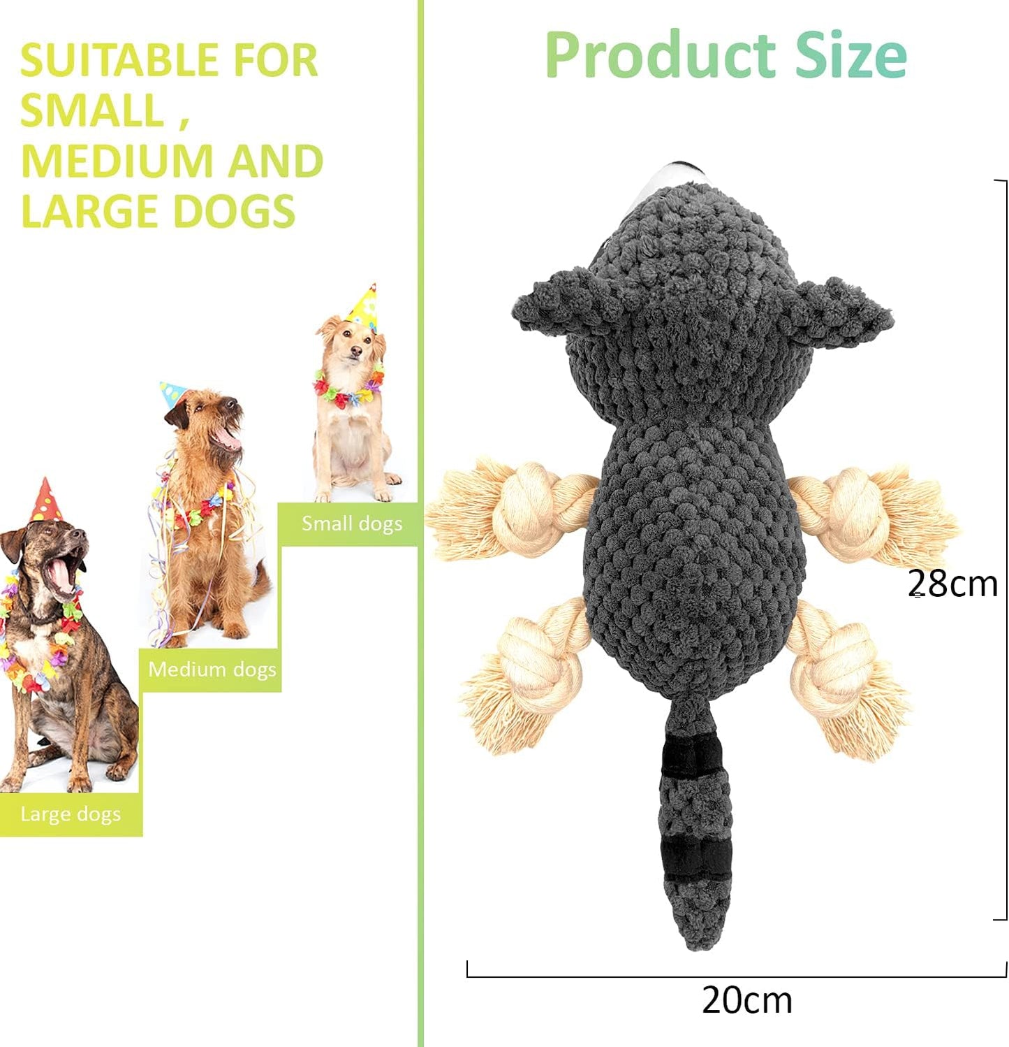 Dog Chew Toys, Stuffed Squeaky Dog Toys for Puppy Teeth Cleaning , Plush Dog Toy for Small and Medium Dogs with Crinkle Paper (Raccoon)