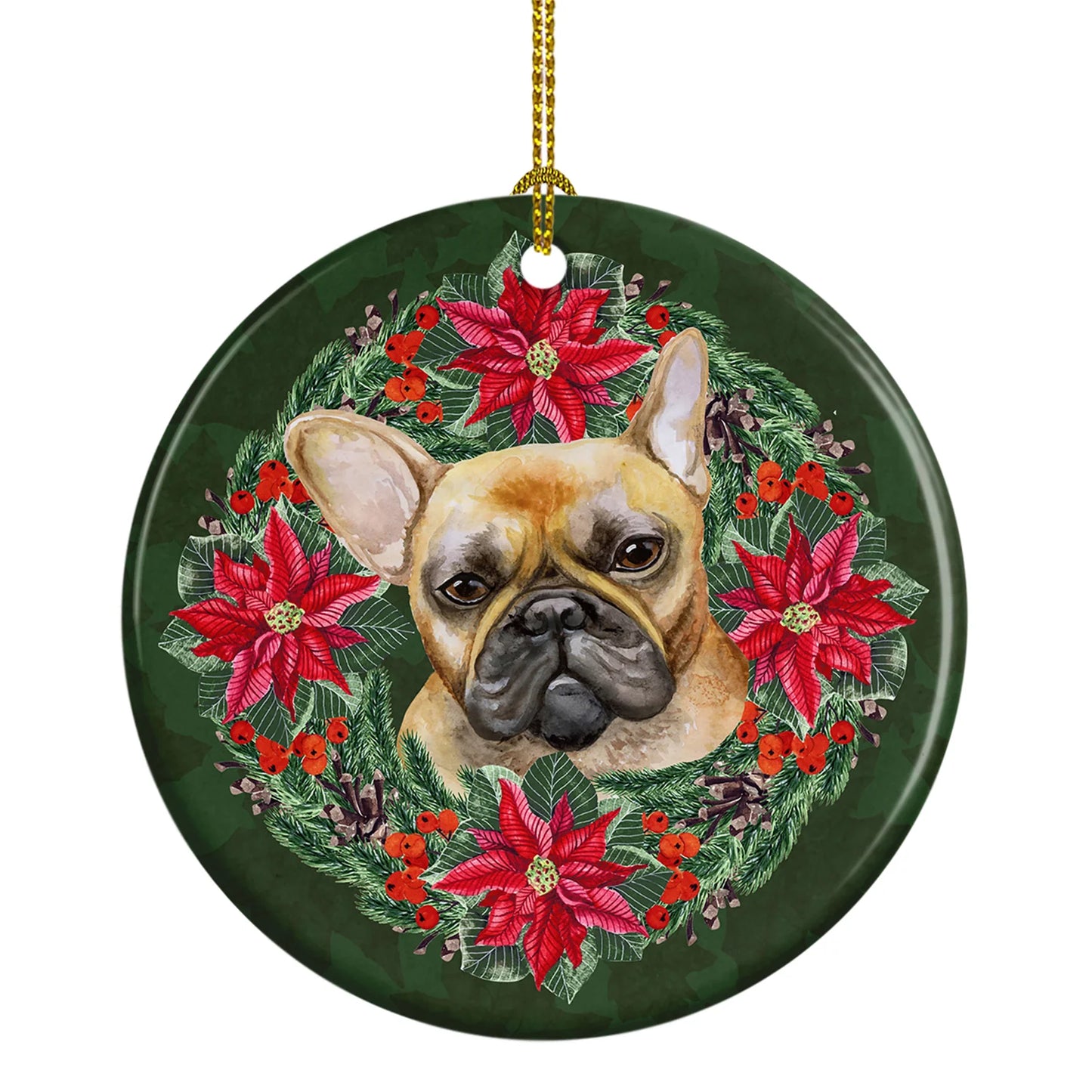French Bulldog Poinsetta Wreath Ceramic Ornament