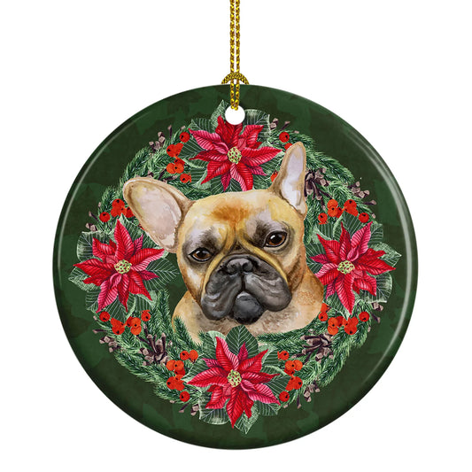 French Bulldog Poinsetta Wreath Ceramic Ornament