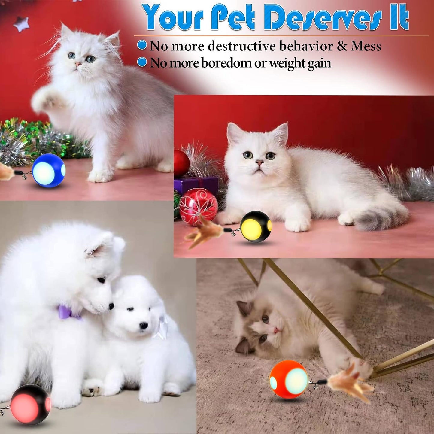 Automatic Interactive Cat Toy Ball Toy Moving Wicked Ball for Indoor Cats/Kitten, Rechargable Interactive Feather Wicked Ball with Bell & LED Lights for Your Pet Play/Exercise(Black)