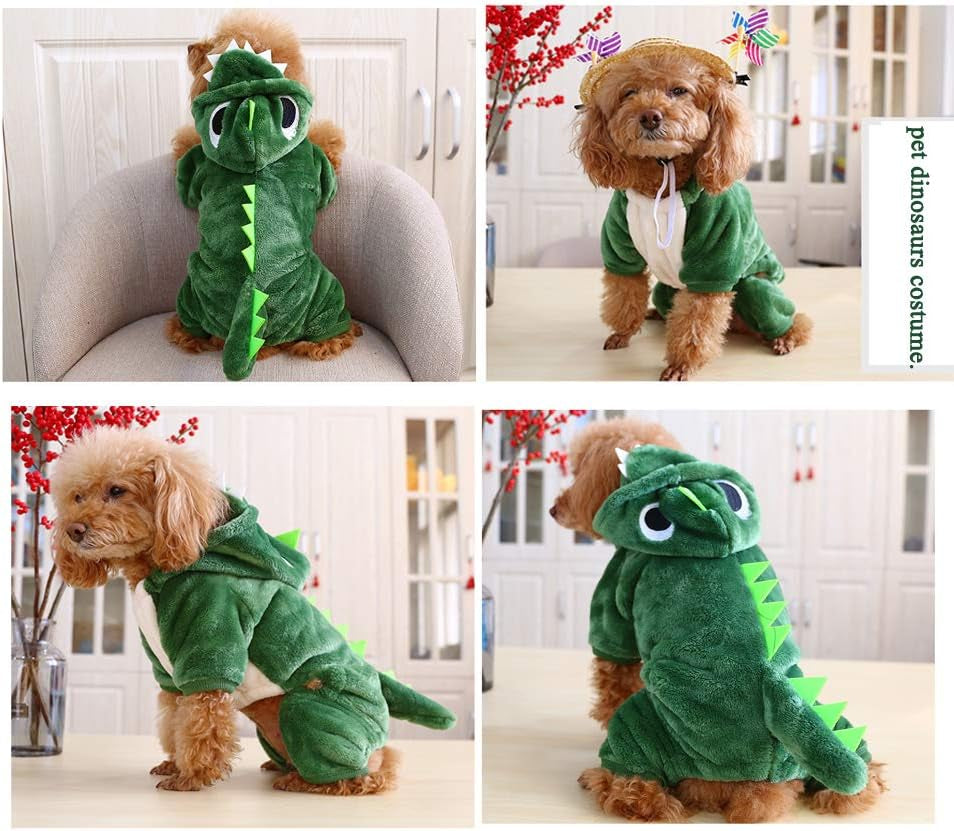 Dinosaur Soft Fleece Pet Hoodie Costume Dress Warm Pet Pajamas Clothes Four-Leg Jumpsuit Cosplay Outfit (X-Large, Dinosaur-Green-1)