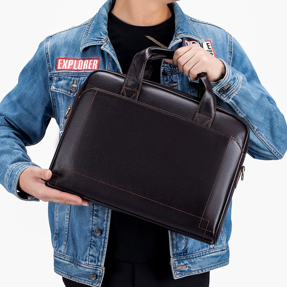 Men'S Leather Handbag, Top Layer Cowhide Briefcase, Leather Laptop Bag, Diagonal Cross Office Bag