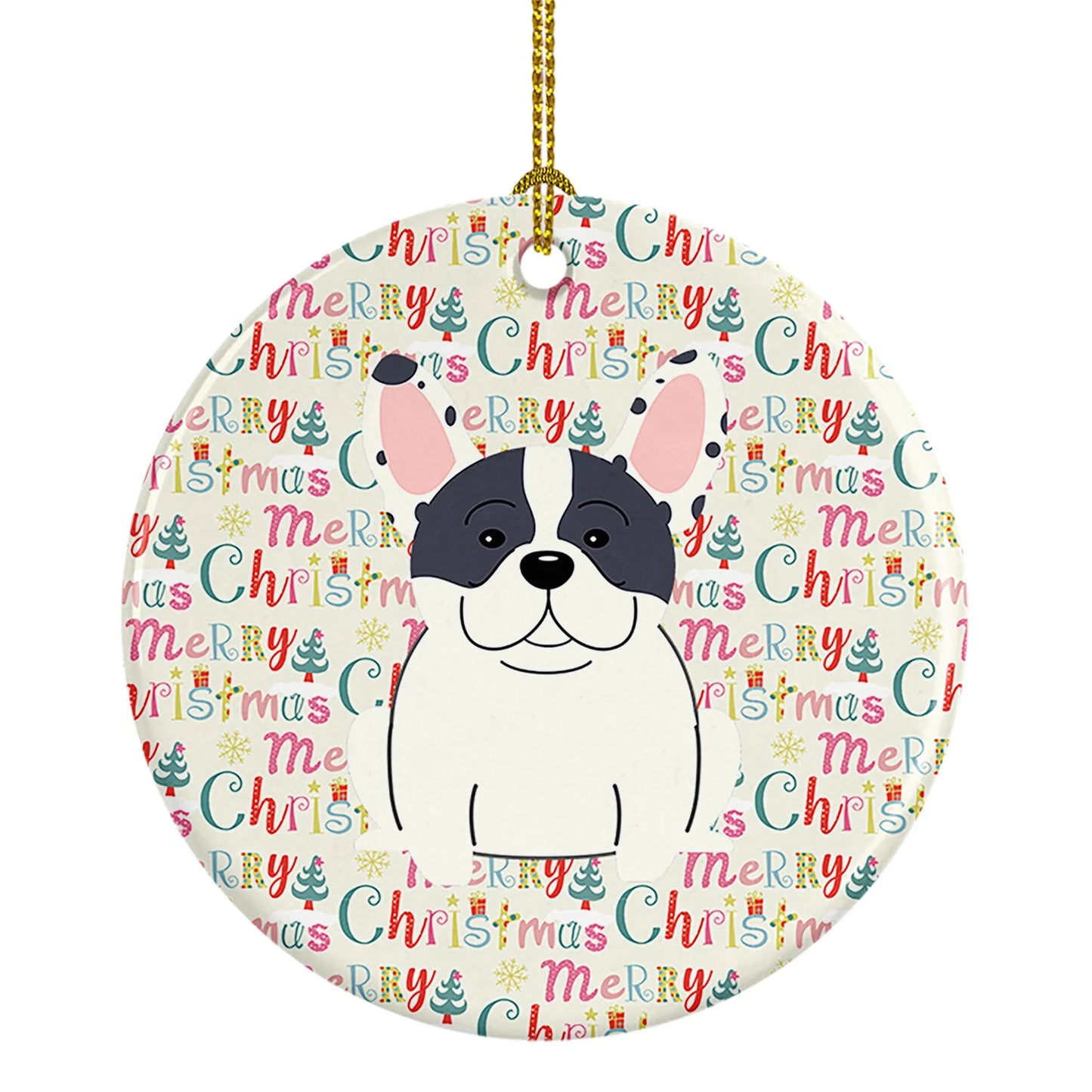 Merry Christmas French Bulldog Piebald Ceramic Ornament