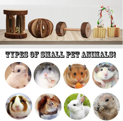 12PCS Hamster Chew Toys Guinea Pig Toys Natural Wooden Pine Rats Chinchillas Toys Accessories Dumbells Exercise Bell Roller Teeth Care Molar Toy for Birds Bunny Rabbits Gerbils