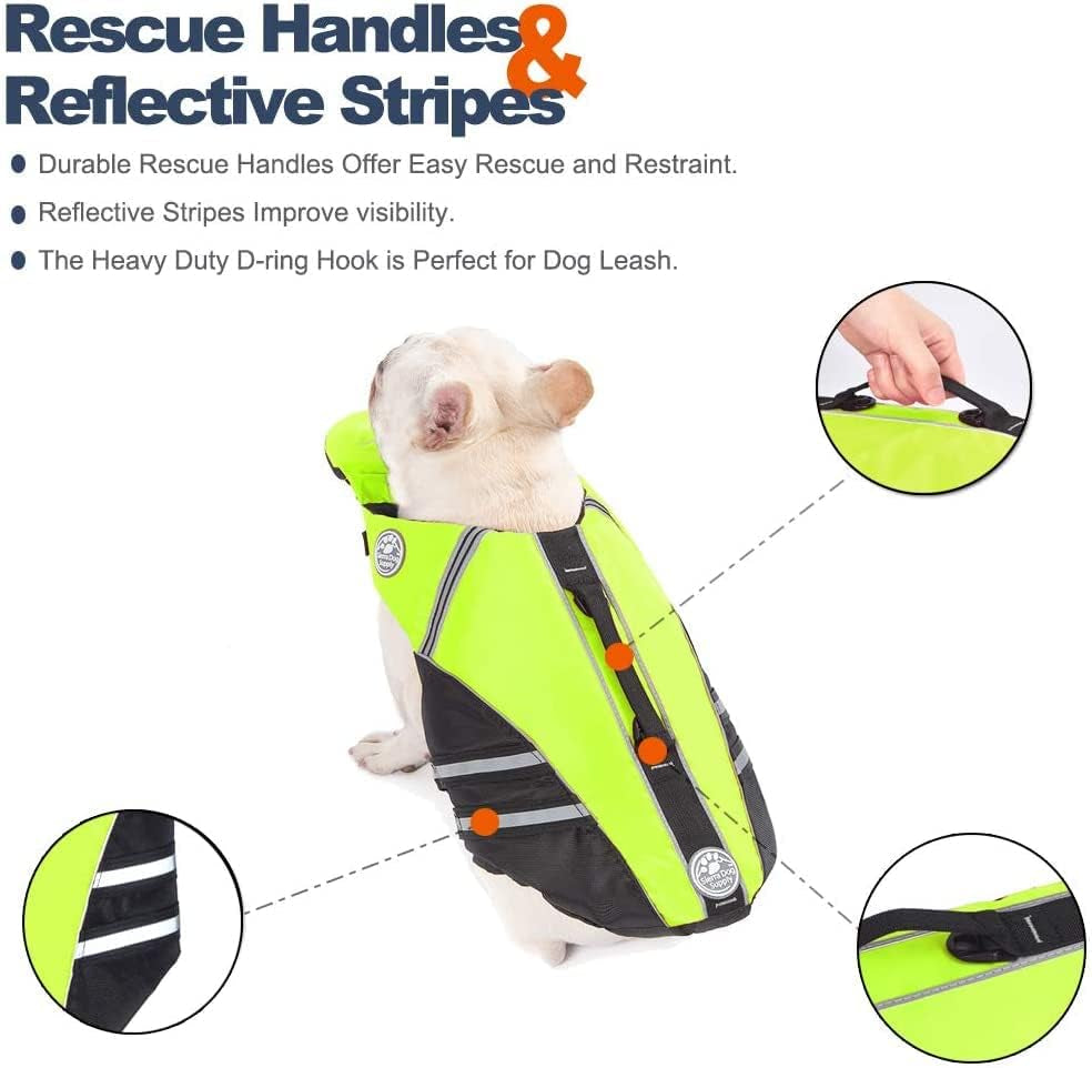 French Bulldog Life Jacket, Life Vest with Chin Float Rescue Handle for Corgi Pug, Adjustable High Visibility Flotation Swim Vest for Swimming Boating (Green)