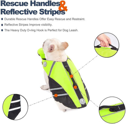French Bulldog Life Jacket, Life Vest with Chin Float Rescue Handle for Corgi Pug, Adjustable High Visibility Flotation Swim Vest for Swimming Boating (Green)