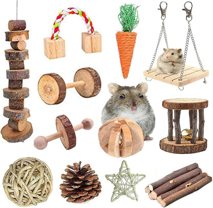 12PCS Hamster Chew Toys Guinea Pig Toys Natural Wooden Pine Rats Chinchillas Toys Accessories Dumbells Exercise Bell Roller Teeth Care Molar Toy for Birds Bunny Rabbits Gerbils