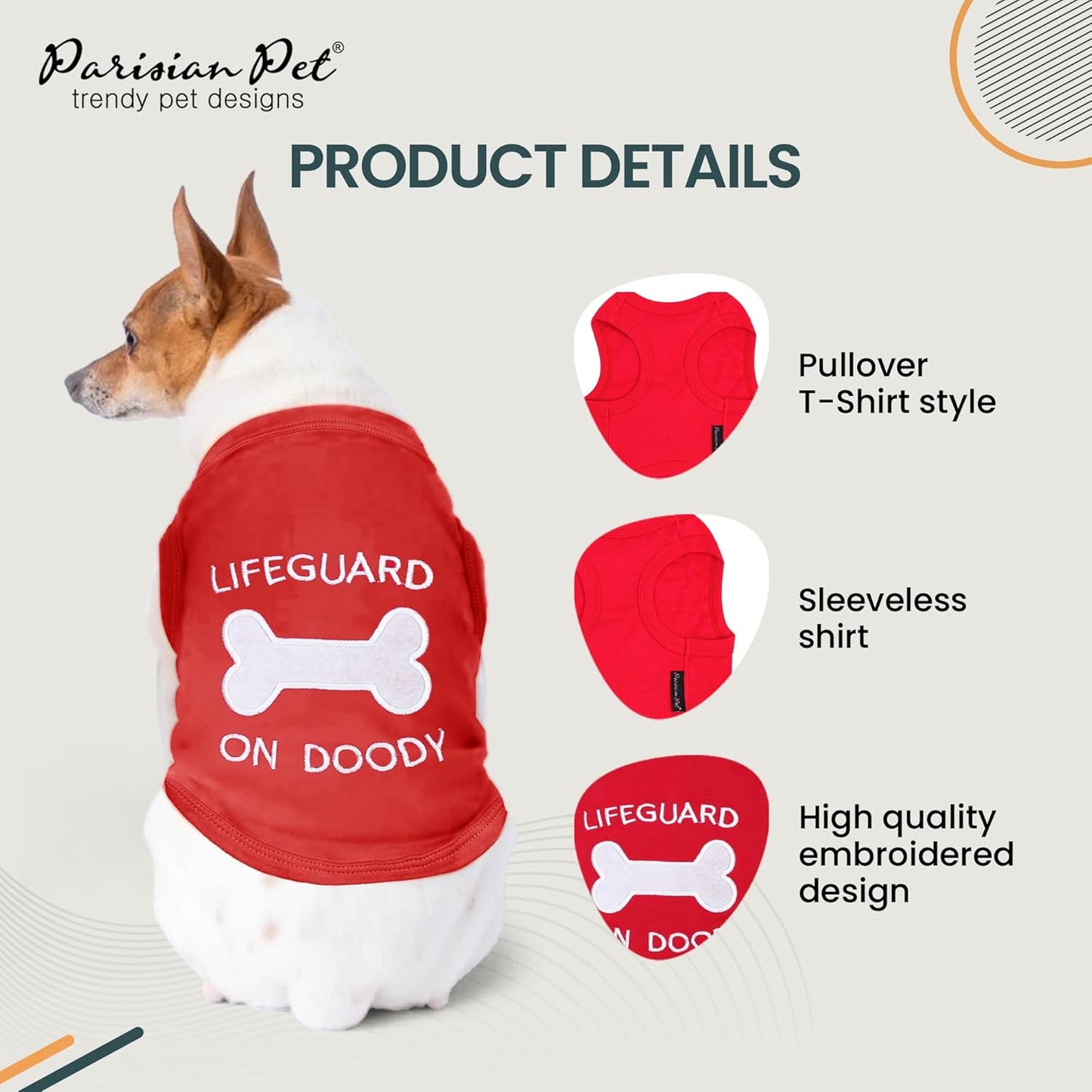 Dog Tshirt - Embroidered “ Lifeguard on Doody “ Boy Shirt - Pure Cotton and Lightweight Clothes - Red Dog Tee Shirts Machine Washable Shirts for Medium Dogs - M