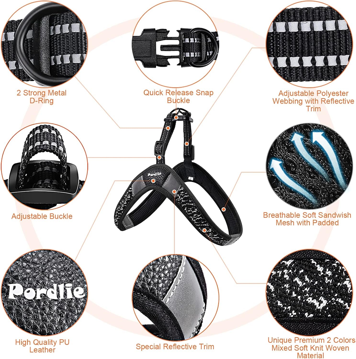 Dog Harness No Pull, Easy on and off Ultra Soft Breathable Padded Pet Vest Harness, Adjustable Reflective Top Paw Dog Harness for Small Medium Large Dogs (Small, Black-Orange)