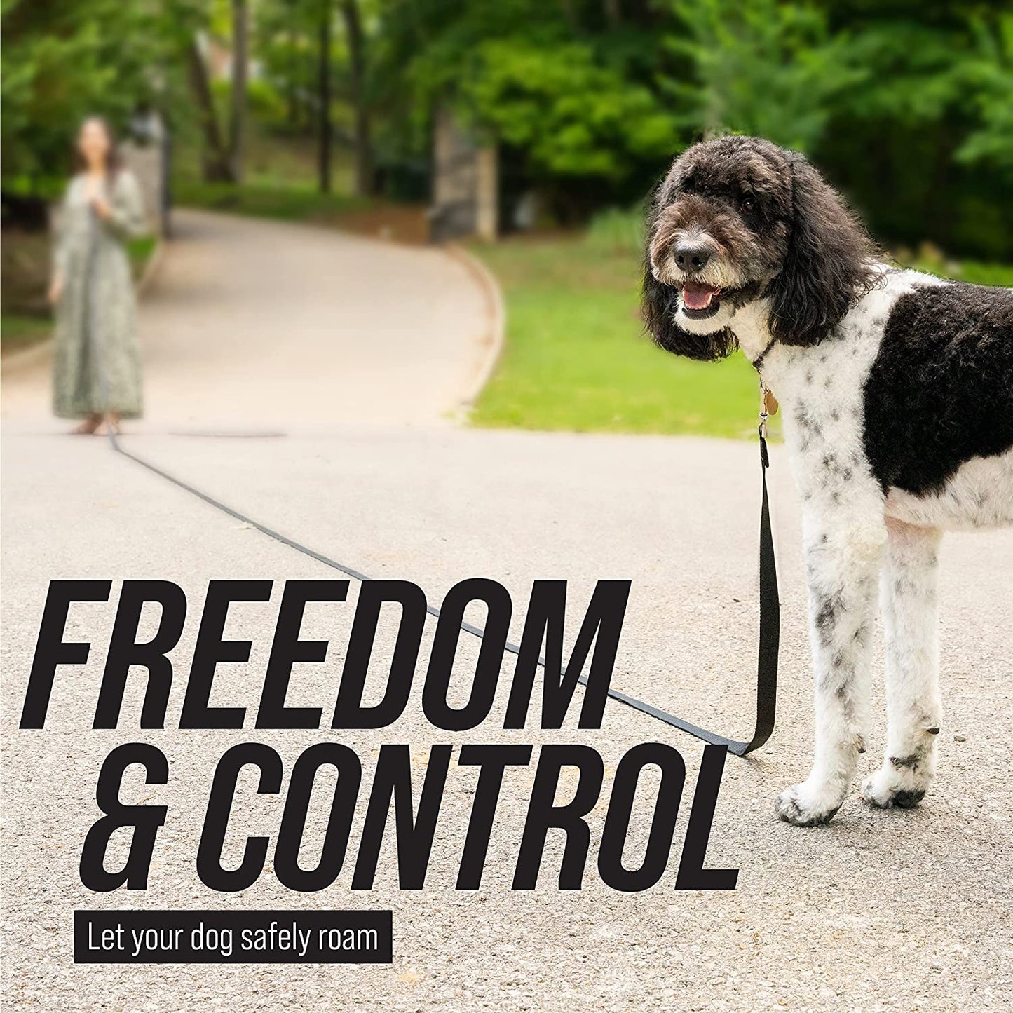 Free Range - Long Dog Leash for Large Dogs + Drawstring Backpack - 1 Inch Nylon Training Lead with Padded Handle (Black) (30 Ft)